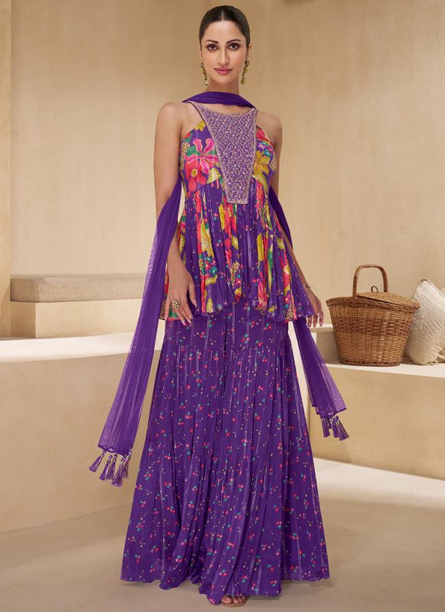 Chinnon Silk Purple Party Wear Embroidery Work Readymade Plazzo Suit